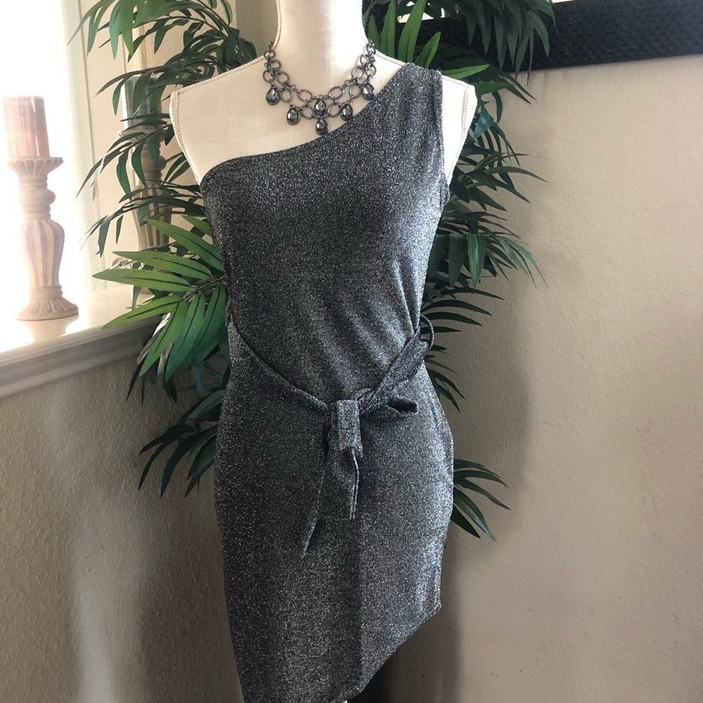 Petite Glitter Off The Shoulder Belted Dress